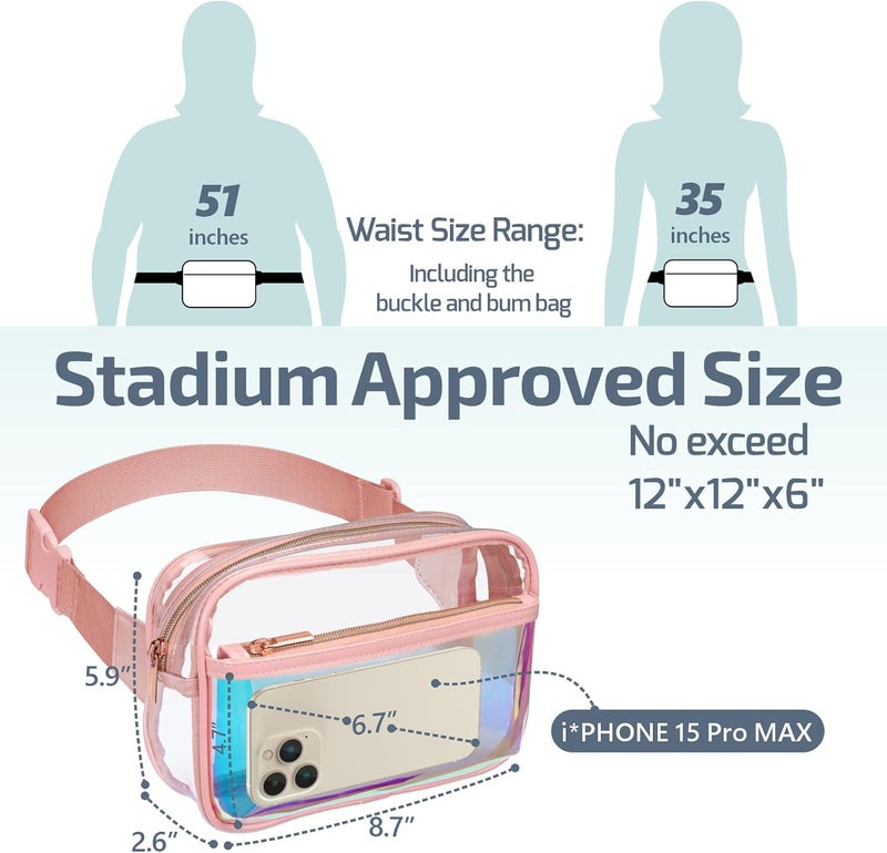 Veckle Holographic Clear Fanny Pack - Plus Size Only 35" - 51" Transparent Belt Bag for Women Crossbody Waist Bag for Festivals, Concerts, Theme Park, Pink - Image 3